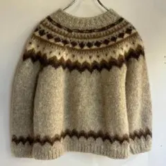 70s ノルディック柄ウールセーター 長袖 ブラウン系ベージュ系