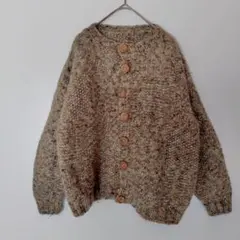 ​【ヴィンテージ】手編み風 ざっくり 肉厚カーディガン 肘当て ウッドボタン L