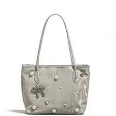 シルバー トートバッグ リボン パール装飾