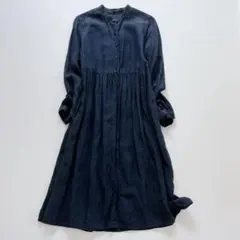 リネン100% ネストローブ シャツワンピース バンドカラー　ネイビー