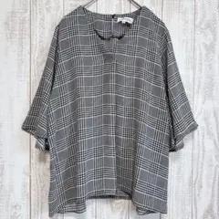 美品✨ドレープ袖 カットソー グレンチェック M 黒白 ポリエステル 体型カバー
