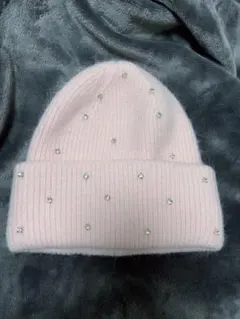 ビジュー付きピンクニット帽 韓国風 ビーニー