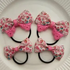 【660】スイーツ柄ピンクリボンキッズヘアゴム4個セット