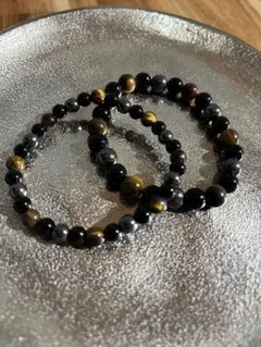 【6,8mmペア】天然石ブレスレット タイガーアイ ヘマタイト オブシディアン