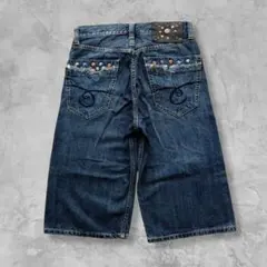 Y2K ハーフパンツ デニム レザーパッチ ダメージ 学生