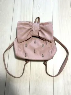 リボン、ビジュー付きピンクリュック