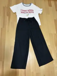 GU リブプルオンワイドパンツ 150 黒 ワイドパンツ スヌーピーTシャツ付き