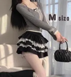 ティアードホットパンツ キュロット ブラック Mレース スカート