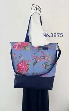 大容量2WAYトートバッグ＊花柄黒×ピンク＊ ショルダー付きakaneko 