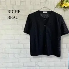 RICHEBEAU シャツブラウス 羽織り 総柄 透け感 肩パット 黒 レトロ