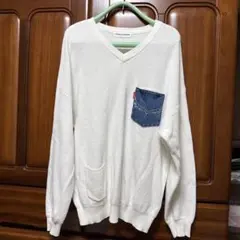 ホワイト Vネック セーター 長袖 デニムポケット