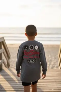 グレー 長袖カットソー プリント 刺繍入り バックプリント