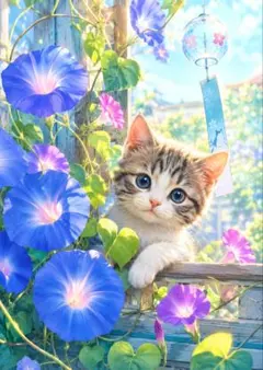 くらちゃん様お取り置き【一点物】朝顔ガーデンの子猫｜優しい夏のアート