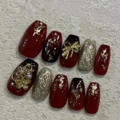 【現品／即発送】成人式ネイル　振袖　和柄　前撮り　赤黒金　ネイルチップ　和装