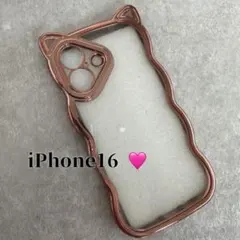 iPhone16 猫耳 スマホケース グリッター 韓国 ピンク　スマホ　うねうね