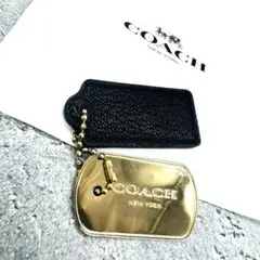 COACHコーチ黒レザーメタルゴールドプレート バックチャーム タグキーホルダー