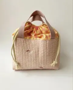 保温保冷お弁当袋　ランチバッグ　ヌビ　刺繍　さくらんぼ　ピンク　チェック　入園