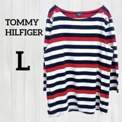 TOMMY HILFIGER【L】マリンボーダー 7分袖 トップス 刺繍ボタン