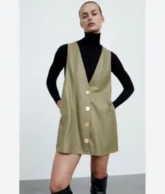 ZARA ザラ　オリーブグリーン レザーベスト Vネック　ワンピース