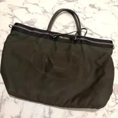 【中古】PRADA オリーブグリーン トートバッグ