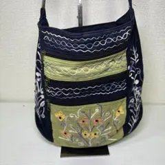 美品 エスニック 花柄刺繍 ショルダーバッグ フェイクスエード ネイビーアジアン