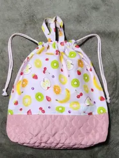 ハンドメイド新品未使用フルーツ柄 通園通学お着替え巾着バッグ