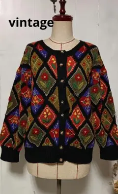 00svintage立体刺繍編み3d お花パッチワークカーディガン　昭和レトロ