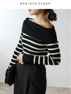 【新品】 ボンジュールサガン オフショルボーダーニット BLACK