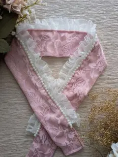 2wayピンク レース、フリル、パールの 半襟 、重ね衿、飾り襟、伊達衿