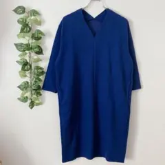 シンプリシテェ ワンピース 膝丈 Vネック 七分袖 ブルー 青 ポケット付 無地