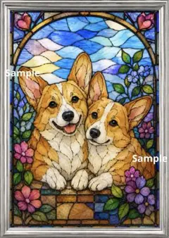 寄り添うコーギー犬♡幸せのステンドグラス風アート