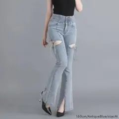 【美品】夢展望 スリット入り カットアウトリボンフレアデニムパンツ