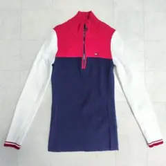 【TOMMY HILFIGER】ジップアップ ニット カラーブロック 乗馬 刺繍