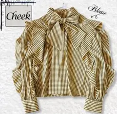 【美品】Cheek フリル ボウタイ チェック ブラウス M イエロー シャツのサムネイル