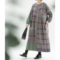 リネンコットンギンガムパネルチェックスタンドカラーワンピース／ノップドゥノッド