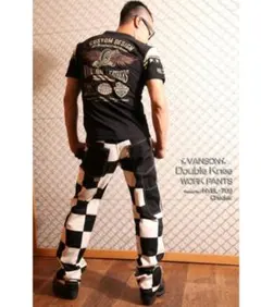vanson　黒白チェック ダブルニー　ワークパンツ　34のサムネイル