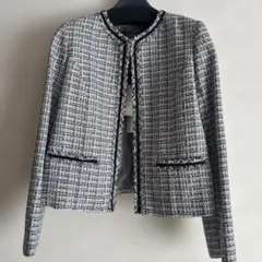 未使用　タグ付き　ノーカラー ツイードジャケット ブラック/ホワイト