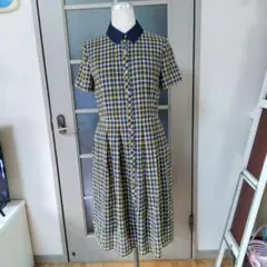 ワンピース　襟付き　前ボタン　チェック　イエロー　ネイビー　LL サイズ　42