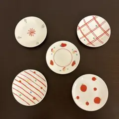 陶器皿 5枚 赤い線と点の模様　2セット