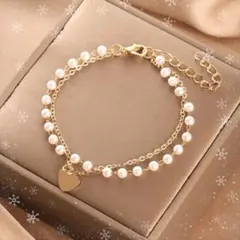 【新品】ブレスレット　2連　パール　ハート　ゴールド　フリーサイズ