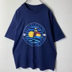 90s Tシャツ シングルスティッチ ブルー プリント 太陽 船 貝 サークル