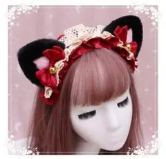 猫耳 ねこ耳 カチューシャ 赤 ヘッドドレス リボン コスプレ /