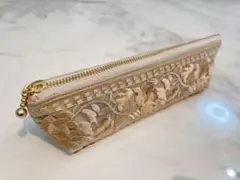 ハンドメイド ペンケース　インド刺繍リボン　合皮 横長スリムペンケース ポーチ