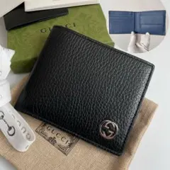 【極美品】グッチ 二つ折り財布 インターロッキングG バイカラー 黒×青