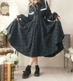 Favoriteオリジナル こっくり秋色のグリーンチェックワンピース