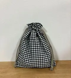 巾着袋　コップ袋　小物入れ　ハンドメイド　チェック　黒