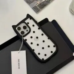 1 iPhone14pro スマホケース　猫耳　モノトーン　水玉