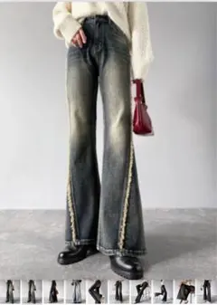 サイドフリンジ使いヴィンテージ風デニムフレアパンツ