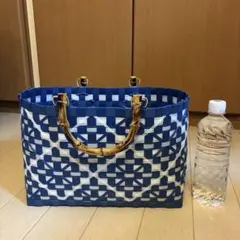 ⚪︎ PPバンド プラカゴ カゴバッグ ブルー×ホワイト バンブー風 20のサムネイル