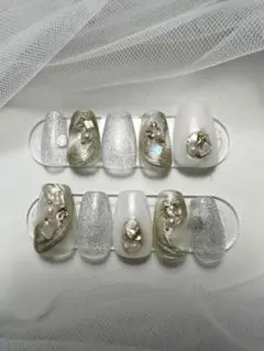 フルオーダー♡ネイルチップ 10個セット ホワイト シルバー透明感秋ネイル